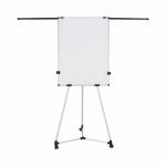 This photograph shows a sleek Bi-Silque Flipchart Easel & Pads Earth Kyoto Mobile Non-Magnetic Easel with a paper roll attached. The easel has extendable arms, providing flexibility for different presentation styles. The design has a modern and professional look, perfect for any office or conference room. The muted color palette gives a subtle touch of elegance to the overall appearance.