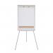 The image shows a Bi-Silque Flipchart Easel & Pads set alongside a Bi-Office Earth-It Flipchart Easel. The easels are tall and stand on sturdy legs, with adjustable height options. The white A1 size flipchart pad is securely attached to the easels horizontal bar, ready for use. The frame of the easels is sleek and modern, with a clean, white finish. The set is perfect for any professional or educational setting.