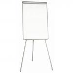 The photograph shows a sturdy, silver aluminum tripod easel with a large, white flipchart pad attached. The easel has a sleek and modern design with adjustable legs and a carrying handle for convenience. The whiteboard surface is perfect for writing and presenting, while the overall design allows for easy transportation and setup. The easel is capable of holding large A1 size flipchart pads, making it ideal for group presentations or brainstorming sessions.