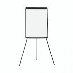 The image shows a black tripod easel with a magnetic surface, designed by Bi-Office. It features a sturdy structure and can hold A1-sized flipchart pads from Bi-Silque. Perfect for presentations and meetings, this flipchart easel is a practical and reliable choice for any workspace.