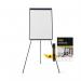 The image depicts a black tripod easel with a magnetic whiteboard surface, standing tall with a sleek and sturdy structure. A flipchart pad is visible and ready to be used, attached to the easel with clips. The A1 size of the easel provides ample space for writing and creating visual aids.