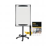 The picture shows a sturdy, mobile flipchart easel with a magnetic surface measuring 700x1000mm. The easel is made by Bi-Silque and comes with a flipchart pad. The sleek, professional design is perfect for presentations and brainstorming sessions. The easel has adjustable height for easy viewing and transportation wheels for convenience. It also comes with a tray for holding markers and other supplies. The pad easily flips over for a fresh page, making it ideal for group discussions and visual aids. The overall appearance is modern and practical, making it a great addition to any office space.