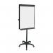 The picture shows a sleek black mobile flipchart easel from Bi-Office, with a magnetic surface for easy display of papers and notepads. Its compact size of 70x100cm makes it suitable for any workspace.