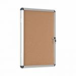 This image features a Bi-Office glazed notice board, with an enclosed cork surface that can hold 6xA4 sheets. The sleek aluminium frame offers a modern touch to this practical and professional noticeboard. Perfect for displaying important messages or memos in any environment.
