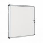 This image shows a sleek and modern Bi-Office glazed notice board, made of earth-colored enclose and enclosed with magnetic material. The notice board has an aluminium frame and can hold up to 6xA4 pages. A professional and functional addition to any workspace.
