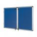 The photograph shows a sleek and modern Bi-Office glazed notice board, with an enclosed felt surface and indoor lockable feature. The dimension of 1230x1830x35mm and a vibrant blue color makes it a standout piece in any space.
