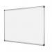 The image features a large, rectangular drywipe board with a sleek white enamel surface. The board measures approximately 150x100cm and is surrounded by a silver or metallic frame. The surface appears smooth and glossy, making it perfect for writing and erasing with dry erase markers. It is ideal for jotting down notes, sketching ideas, or displaying important information. The board hangs on a wall and is suitable for use in various settings, from offices to classrooms to home offices.