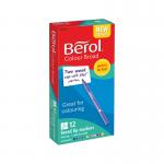 This picture features a pack of 12 Berol colouring pens and pencils, including broad pen with water-based ink in assorted colours. The pens and pencils are neatly displayed in their packaging, showcasing their vibrant colours and easy-to-use design.