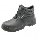 In the photograph, there are two black Beeswift safety boots with 4 D-rings and a steel midsole. They appear to have a dual density construction and are labeled as size 11. The boots are standing on a light-colored surface, possibly grass or concrete. The overall design is sleek and modern, with a bold logo on the side.