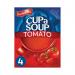 The photo shows four packets of Batchelors Cup a Soup Tomato, each weighing 82g. The bright red packaging features the brand name and soup name, with steam rising from a steaming cup of soup on the front. The packets are arranged neatly in a row, ready to be opened and enjoyed.