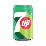 In this image, 24 cans of 7UP Soft Drinks are arranged neatly in rows. The iconic green and white packaging features the 7UP logo, along with images of fresh lemons and limes. Each can holds 330ml of the popular carbonated drink, ready to refresh and quench your thirst.