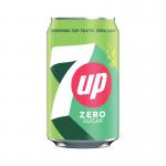 This image shows 24 cans of 7UP Soft Drinks in the flavor Zero Lemon and Lime. The cans are each 330ml and the packaging features the iconic 7UP logo.