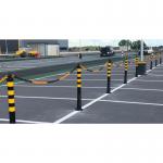 This image shows a bright yellow safety barrier, the Beaverswood Supply Ltd Flexi Delineator Post. The post is adorned with silver reflectors and measures at H.1000 x W.80 x D.80.