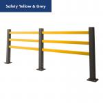 The photograph features a Beaverswood Supply Ltd Safety Barrier in a vibrant Colourfast Yellow and Grey, with a 3 rail design and a width of 3000mm. The pedestrian barrier exudes strength and durability, making it a reliable choice for safety and protection.