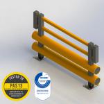 The photograph showcases a sturdy double bumper safety barrier from Beaverswood Supply Ltd. It features a width of 4900mm and is colored in a vivid combination of safety yellow and grey. The barriers are designed to provide pedestrian protection and are ideal for industrial or commercial use.