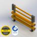 The photograph showcases a sturdy double bumper safety barrier from Beaverswood Supply Ltd. It features a width of 4900mm and is colored in a vivid combination of safety yellow and grey. The barriers are designed to provide pedestrian protection and are ideal for industrial or commercial use.