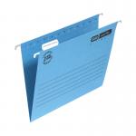 The image is of a set of 25 blue Elba Suspension Files, made of manilla and designed to hold A4 sized papers. They are neatly organized in a filing system, ready to keep important documents secure and organized.