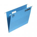 The image shows a pack of 25 blue foolscap Elba suspension files, made of manilla material. The files are suspended from a filing system, providing effective organization and storage for documents.