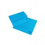 The picture shows a pack of 25 bright blue manilla foolscap document wallets from Elba, featuring the Strongline design. The wallets are made of sturdy materials and have a smooth finish. The top is open for easy access to documents, while the sides are secured with string ties for extra protection.