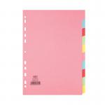 The Elba Eco Dividers Elba-10 Part Card Divider is made from recycled manilla. It comes in A4 size and has 10 colorful, assorted tabs for organizing documents. The packaging is a box with a quantity of 50. The dividers have a sturdy and eco-friendly design perfect for any office or home use.