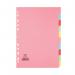 The Elba Eco Dividers Elba-10 Part Card Divider is made from recycled manilla. It comes in A4 size and has 10 colorful, assorted tabs for organizing documents. The packaging is a box with a quantity of 50. The dividers have a sturdy and eco-friendly design perfect for any office or home use.