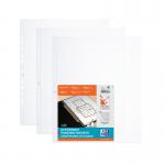 In the photo, you can see a pack of 100 Elba Punched Pockets Oxford Punched Pocket A3 Portrait. The pockets are made of clear polypropylene and are organized in sets of 4x25. They are perfect for storing and protecting important documents and papers.