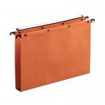 This photo displays a pack of 25 Elba Suspension Filing Elba Suspension Files. Each file is in the Foolscap size and made of vibrant orange Manilla material.