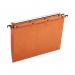 The picture shows a pack of 25 bright orange Elba suspension files made of durable manilla material. Each file has a V-shaped clip for easy insertion and removal of documents. These suspension files are perfect for organizing and storing important papers.