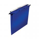 This picture shows a pack of 25 blue Elba vertical foolscap suspension files made of PP material. They are designed for efficient suspension filing and have the Elba branding printed on them. Sturdy and durable, these files are perfect for organizing your important documents.