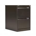 The photo features two black Bisley steel filing cabinets, each with two drawers. The cabinets are lockable and have dimensions of 470x622x711mm. They have a sleek and professional appearance, perfect for any office setting.