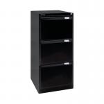 The photo shows three black Bisley steel filing cabinets, each with three drawers. The cabinets are 470x622x1016mm in size and have a sleek design. The cabinets are neatly arranged, providing a clean and organized storage solution for files and documents. The black color adds a touch of elegance to any office space.