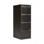 The photo shows four Bisley steel filing cabinets in black, each measuring 470x622x1321mm and equipped with a lock for security. The cabinets are lined up in a row, with each one featuring four drawers for ample storage space. The sleek black finish adds a professional touch to any office setting.
