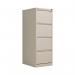 The picture shows a stack of Bisley steel filing cabinets, with four drawers and a lockable design. The cabinets are in a sleek goose grey color and have dimensions of 470x622x1321mm. They appear sturdy and professional, with a clean and modern look.