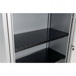 The photograph shows a black Bisley Cupboard and Bookcase accessory, the Bisley Slotted Shelf measuring 914x390x27mm. It is designed for use with Bisley Cupboards and Tambour Units.
