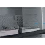 The Bisley Cupboard and Bookcase Accessories includes a set of 5 clear plastic shelf dividers that measure 405x180x85mm. They are designed to help keep your shelves organized and clutter-free, making your space functional and visually appealing.