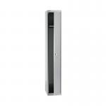 In the photo, the Bisley 1 Door Locker is shown in a sleek goose grey color. The locker is standing tall at 305x305x1802mm, adding a compact yet spacious storage solution to any space. The single door offers easy access to the contents inside.
