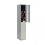 The picture shows a tall, grey Bisley locker with two doors and a handle on each door. The locker is made of sturdy metal and has a sleek, modern design. The doors are closed and the locker stands upright, ready to store personal items in a secure and organized manner.