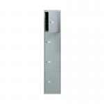 Four tall, grey metal lockers arranged side by side. Each door has a silver handle and an individual keyhole. The lockers are against a plain white background.