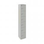 A current photo would show six doors that are tall and narrow, in a shade of light grey. The overall shape is rectangular, with the doors stacked on top of each other. The top and bottom are sealed tight, while the middle features small handle cutouts for opening. The finish is smooth and the overall look is simple and modern.