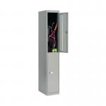 This image showcases a sleek, modern Qube Locker with two doors and a size of 305x457x1802mm. The color is a subtle yet elegant Goose Grey, adding a touch of sophistication to any space.