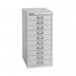 This image features a Bisley multi drawer cabinet in a sleek grey color. The cabinet has 10 drawers that are designed to fit A4 size documents. Measuring at 300x430x600mm, this cabinet is compact yet spacious enough for all your storage needs.