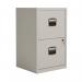 The image shows a Bisley 2 drawer home filing cabinet in classic Goose Grey with dimensions of 413x400x672mm. The cabinets are designed for A4 size files, providing a sleek and organized storage solution for any home office. The clean lines and modern design add a touch of sophistication to any space.