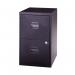 This picture shows a sleek black Bisley 2 drawer home filing cabinet, measuring 413x400x672mm, designed for A4 size documents. The cabinet is from the Bisley Home Filing Cabinets collection.