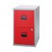 The photo features a sleek, modern Bisley 2 drawer home filing cabinet in a stylish grey and red color scheme. The compact size of 413x400x672mm makes it ideal for any home office space, while the sturdy construction and spacious drawers provide plenty of storage for important documents.