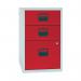 The photograph captures the sleek design of the Bisley 3 drawer home filing cabinet, with its grey and red color scheme. The cabinet stands at 413x400x672mm and features ample storage space for A4 documents. Its compact size and modern aesthetic make it a great addition to any home office.