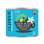 The photo features a brown and gold canister of Clipper Coffee Clipper Organic Medium Roast Instant Coffee. The label prominently displays the coffees name and weight, with a background of clipped coffee beans. The canister is illuminated by natural light, showcasing its organic, high-quality ingredients.