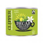 The image shows a 500g tin of Clipper Fairtrade Organic Decaffeinated Coffee, labeled Clipper Decaf Coffee. The tin features a simple design with a blue background, white text, and a coffee bean graphic. The descriptive text mentions the coffees organic and Fairtrade certifications.