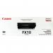 The photograph shows a set of Canon ink cartridges and a Canon FX10 toner cartridge, both in black. The ink cartridges have a cylindrical shape with a clear label showing the brand name and color. The toner cartridge has a rectangular shape with a small label on the side. All three cartridges are neatly arranged on a white background.