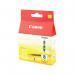 The photograph shows a bright, yellow Canon CLI-8Y ink cartridge with a label reading 0623B001 CO27282. The cartridge is designed for use with Canon printers and has a sleek, modern design.