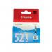 The photo shows a small, rectangular, blue cartridge with the words Canon CLI-521C Ink Cartridge Cyan written on the side. The top of the cartridge has a circular label with the Canon logo and the code 2934B001 CO57749 printed in small font.